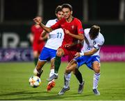 14 July 2019; João Mário of Portugal in action against Lorenzo Gavioli, right, and Eddie Salcedo of Italy during the 2019 UEFA European U19 Championships group A match between Italy and Portugal at Banants Stadium in Yerevan, Armenia. Photo by Stephen McCarthy/Sportsfile