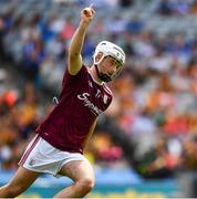 14 July 2019; Sean McDonagh of Galway celebrates scoring the third goal, in the 50th minute, during the Electric Ireland GAA Hurling All-Ireland Minor Championship quarter-final match between Kilkenny and Galway at Croke Park in Dublin. Photo by Ray McManus/Sportsfile