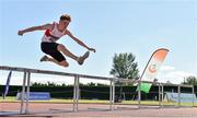 14 July 2019; Conor Hoade from Galway City Harriers A.C. jumps the last hurdle to win the Boys U16 250m Hurdles  during day three of the Irish Life Health National Juvenile Track & Field Championships at Tullamore Harriers Stadium in Tullamore, Co. Offaly. Photo by Matt Browne/Sportsfile
