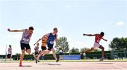 14 July 2019; Dior Lawal, 740, from Dooneen A.C. Co. Limerick who won the Boys U18 200m, second place Gavin Doran, left, from Dundrum South Dublin A.C. and third place Cillian Griffin from Tralee Harriers A.C. Co Kerry during day three of the Irish Life Health National Juvenile Track & Field Championships at Tullamore Harriers Stadium in Tullamore, Co. Offaly. Photo by Matt Browne/Sportsfile