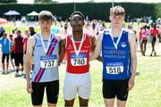 14 July 2019; Dior Lawal, 740, from Dooneen A.C. Co. Limerick who won the Boys U18 200m with second place Gavin Doran, left, from Dundrum South Dublin A.C. and third place Cillian Griffin from Tralee Harriers A.C. Co. Kerry during day three of the Irish Life Health National Juvenile Track & Field Championships at Tullamore Harriers Stadium in Tullamore, Co. Offaly. Photo by Matt Browne/Sportsfile