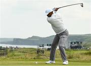 15 July 2019; Tiger Woods of USA hits his tee shot on the 17th hole during a practice round ahead of the 148th Open Championship at Royal Portrush in Portrush, Co. Antrim. Photo by Ramsey Cardy/Sportsfile