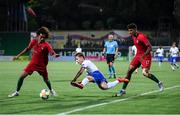 14 July 2019; Hans Nicolussi of Italy in action against Tomás Tavares, left, and Rodrigo Fernandes of Portugal during the 2019 UEFA European U19 Championships group A match between Italy and Portugal at Banants Stadium in Yerevan, Armenia. Photo by Stephen McCarthy/Sportsfile