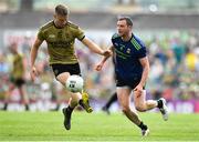 14 July 2019; Gavin Crowley of Kerry in action against Keith Higgins of Mayo during the GAA Football All-Ireland Senior Championship Quarter-Final Group 1 Phase 1 match between Kerry and Mayo at Fitzgerald Stadium in Killarney, Kerry. Photo by Brendan Moran/Sportsfile