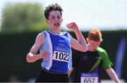 14 July 2019; David Mannion from South Galway A.C. celebrates winning the Boys U15 200m during day three of the Irish Life Health National Juvenile Track & Field Championships at Tullamore Harriers Stadium in Tullamore, Co. Offaly.   Photo by Matt Browne/Sportsfile