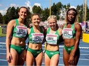 14 July 2019; Athletes from left, Ciara Neville, Sarah Quinn, Molly Scott and Gina Akpe Moses following the 4x100m Relay event during day four of the European U23 Athletics Championships at the Gunder Hägg Stadium in Gävle, Sweden. Photo by Giancarlo Colombo/Sportsfile