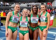 14 July 2019; Athletes from left, Ciara Neville, Molly Scott, Gina Akpe Moses and Sarah Quinn following the 4x100m Relay event during day four of the European U23 Athletics Championships at the Gunder Hägg Stadium in Gävle, Sweden. Photo by Giancarlo Colombo/Sportsfile