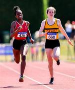 14 July 2019; Victoria Amiadamen from Dooneen A.C. Co Limerick who won the Girls U15 200m from second place Ella Jenks from Leevale A.C. Co Cork during day three of the Irish Life Health National Juvenile Track & Field Championships at Tullamore Harriers Stadium in Tullamore, Co. Offaly. Photo by Matt Browne/Sportsfile