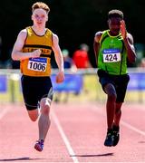 14 July 2019; John Cashman from Leevale A.C. Co Cork who won the boys Boys U14 200m from second place Marcus Adekoya from Rathfarnham W.S.A.F. A.C. during day three of the Irish Life Health National Juvenile Track & Field Championships at Tullamore Harriers Stadium in Tullamore, Co. Offaly. Photo by Matt Browne/Sportsfile