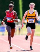 14 July 2019; Victoria Amiadamen from Dooneen A.C. Co Limerick who won the Girls U15 200m from second place Ella Jenks from Leevale A.C. Co Cork during day three of the Irish Life Health National Juvenile Track & Field Championships at Tullamore Harriers Stadium in Tullamore, Co. Offaly. Photo by Matt Browne/Sportsfile