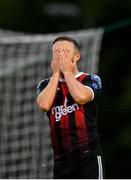 15 July 2019; Keith Ward of Bohemians reacts after failing to convert a chance during the SSE Airtricity League Premier Division match between UCD and Bohemians at UCD Bowl in Dublin. Photo by Seb Daly/Sportsfile