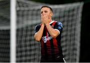 15 July 2019; Keith Ward of Bohemians reacts after failing to convert a chance during the SSE Airtricity League Premier Division match between UCD and Bohemians at UCD Bowl in Dublin. Photo by Seb Daly/Sportsfile