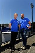 16 July 2019; Leinster Rugby this morning confirmed a first ever double-header in Energia Park on the 17th August 2019 to kick start the Leinster season. At 3.00pm Leo Cullen’s defending Guinness PRO14 champions will play their first game of the Bank of Ireland Pre-Season Schedule against Coventry, while at 5.30pm Ben Armstrong’s defending Interprovincial Women’s Champions will get the defence of their title underway against Connacht. Tickets are now on sale at leinsterrugby.ie with prices starting from €5 for junior tickets and €10 for adult tickets. At the announcement this morning in Energia Park, were Leinster head coach Leo Cullen, left, and Leinster Women’s head coach Ben Armstrong. Photo by Sam Barnes/Sportsfile