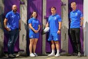 16 July 2019; Leinster Rugby this morning confirmed a first ever double-header in Energia Park on the 17th August 2019 to kick start the Leinster season. At 3.00pm Leo Cullen’s defending Guinness PRO14 champions will play their first game of the Bank of Ireland Pre-Season Schedule against Coventry, while at 5.30pm Ben Armstrong’s defending Interprovincial Women’s Champions will get the defence of their title underway against Connacht. Tickets are now on sale at leinsterrugby.ie with prices starting from €5 for junior tickets and €10 for adult tickets. At the announcement this morning in Energia Park, were from left, Leinster Women’s head coach Ben Armstrong, Michelle Claffey of Leinster, Ed Byrne of Leinster and Leinster head coach Leo Cullen. Photo by Sam Barnes/Sportsfile