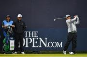17 July 2019; Kurt Kitayama of USA tees off on the 1st tee, as Xander Schauffele of USA, second from left, watches on, during a practice round ahead of the 148th Open Championship at Royal Portrush in Portrush, Co. Antrim. Photo by Brendan Moran/Sportsfile