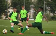 17 July 2019; Jonathan Afolabi and Joe Hodge, left, during a Republic of Ireland training session ahead of their second group game of the 2019 UEFA European U19 Championships at the FFA Technical Centre in Yerevan, Armenia. Photo by Stephen McCarthy/Sportsfile