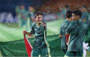 17 July 2019; Flag-bearers get wet from the pitch sprinklers prior to the 2019 UEFA European U19 Championships group A match between Armenia and Italy at Vazgen Sargsyan Republican Stadium in Yerevan, Armenia. Photo by Stephen McCarthy/Sportsfile