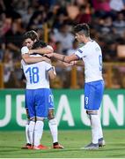 17 July 2019; Davide Merola of Italy celebrates after scoring his side's second goal with team-mates Manolo Portanova Manolo Portanova and Elia Petrelli during the 2019 UEFA European U19 Championships group A match between Armenia and Italy at Vazgen Sargsyan Republican Stadium in Yerevan, Armenia. Photo by Stephen McCarthy/Sportsfile