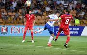 17 July 2019; Davide Merola of Italy shoots to score his side's second goal despite the attention of Arsen Yeghiazaryan of Armenia during the 2019 UEFA European U19 Championships group A match between Armenia and Italy at Vazgen Sargsyan Republican Stadium in Yerevan, Armenia. Photo by Stephen McCarthy/Sportsfile
