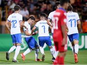 17 July 2019; Davide Merola of Italy, second left, celebrates after scoring his side's second goal with team-mates during the 2019 UEFA European U19 Championships group A match between Armenia and Italy at Vazgen Sargsyan Republican Stadium in Yerevan, Armenia. Photo by Stephen McCarthy/Sportsfile