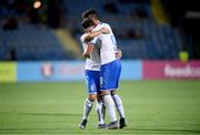 17 July 2019; Giacomo Raspadori of Italy, left, celebrates after scoring his side's fourth goal with team-mate Elia Petrelli during the 2019 UEFA European U19 Championships group A match between Armenia and Italy at Vazgen Sargsyan Republican Stadium in Yerevan, Armenia. Photo by Stephen McCarthy/Sportsfile