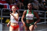 18 July 2019; Patience Jumbo-Gula of Ireland, right, and Julia Polak of Poland competing in the Women's 100m qualifying rounds during Day One of the European Athletics U20 Championships in Borås, Sweden. Photo by Giancarlo Colombo/Sportsfile