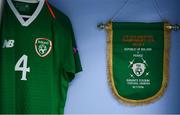 18 July 2019; The jersey of Lee O'Connor hangs in the Republic of Ireland dressing room prior to the 2019 UEFA European U19 Championships Group B match between Republic of Ireland and France at Banants Stadium in Yerevan, Armenia. Photo by Stephen McCarthy/Sportsfile