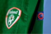 18 July 2019; A detailed view of the UEFA crest on the Republic of Ireland jersey prior to the 2019 UEFA European U19 Championships Group B match between Republic of Ireland and France at Banants Stadium in Yerevan, Armenia. Photo by Stephen McCarthy/Sportsfile