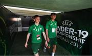 18 July 2019; Andy Lyons, left, and Oisin McEntee of Republic of Ireland prior to the 2019 UEFA European U19 Championships Group B match between Republic of Ireland and France at Banants Stadium in Yerevan, Armenia. Photo by Stephen McCarthy/Sportsfile