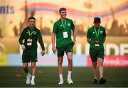 18 July 2019; Republic of Ireland players, from left, Brandon Kavanagh, Mark McGuinness and Andy Lyons prior to the 2019 UEFA European U19 Championships Group B match between Republic of Ireland and France at Banants Stadium in Yerevan, Armenia. Photo by Stephen McCarthy/Sportsfile