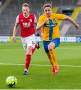 18 July 2019; Christoffer Nyman of IFK Norrköping in action against Ciaran Kelly of St Patrick's Athletic during the UEFA Europa League First Qualifying Round 2nd Leg match between IFK Norrköping and St Patrick's Athletic at Norrköpings Idrottsparken in Norrkoping, Sweden. Photo by Peter Holgersson/Sportsfile