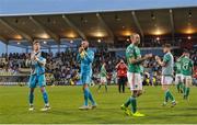 18 July 2019; Tadhg Ryan, Mark McNulty and Karl Sheppard of Cork City applaud the travelling supporters after the UEFA Europa League First Qualifying Round 2nd Leg match between Progres Niederkorn and Cork City at Stade Municipal de Differdange, Differdange, Luxembourg. Photo by Doug Minihane/Sportsfile