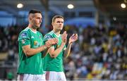 18 July 2019; Conor McCarthy and Garry Buckley of Cork City applaud supporters after the UEFA Europa League First Qualifying Round 2nd Leg match between Progres Niederkorn and Cork City at Stade Municipal de Differdange, Differdange, Luxembourg. Photo by Doug Minihane/Sportsfile