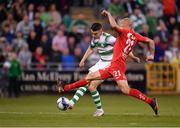 18 July 2019; Gary O'Neill of Shamrock Rovers shoots to score his side's second goal, despite the attention of Ruben Kristiansen of SK Brann, during the UEFA Europa League First Qualifying Round 2nd Leg match between Shamrock Rovers and SK Brann at Tallaght Stadium in Dublin. Photo by Seb Daly/Sportsfile