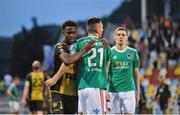 18 July 2019; Issa Bah of Progres Niederkorn with Conor McCarthy of Cork City after the UEFA Europa League First Qualifying Round 2nd Leg match between Progres Niederkorn and Cork City at Stade Municipal de Differdange, Differdange, Luxembourg. Photo by Doug Minihane/Sportsfile