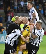 17 July 2019; Gary Rogers of Dundalk, centre, celebrates with team-mates following the UEFA Champions League First Qualifying Round 2nd Leg match between Riga and Dundalk at Skonto Stadium in Riga, Latvia. Photo by Roman Koksarov/Sportsfile