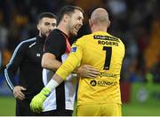17 July 2019; Gary Rogers of Dundalk, right, celebrates with team-mate Brian Gartland following the UEFA Champions League First Qualifying Round 2nd Leg match between Riga and Dundalk at Skonto Stadium in Riga, Latvia. Photo by Roman Koksarov/Sportsfile