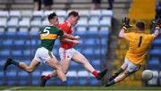 18 July 2019; Fionn Herlihy of Cork scores the second goal past Kerry goalkeeper Brian Lonergan and defender Cian Gammell during the EirGrid Munster GAA Football U20 Championship Final match between Cork and Kerry at Páirc Ui Rinn in Cork. Photo by Matt Browne/Sportsfile