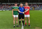 18 July 2019; Referee Alan Kissane with Sean O'Leary captain of Kerry and Peter O'Driscoll captain of Cork before the EirGrid Munster GAA Football U20 Championship Final match between Cork and Kerry at Páirc Ui Rinn in Cork. Photo by Matt Browne/Sportsfile