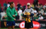 19 July 2019; Ireland head coach Joe Schmidt, right, speaks with referee Andrew Brace during an Ireland Rugby open training session at Thomond Park in Limerick. Photo by David Fitzgerald/Sportsfile