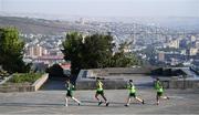 19 July 2019; Republic of Ireland team doctor Andrew Delany leads players, from left, Andrew Omobamidele, Jack James and Niall Morahan on an evening run near their team hotel ahead of the final round of group games at the 2019 UEFA European U19 Championships in Yerevan, Armenia. Photo by Stephen McCarthy/Sportsfile