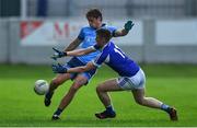 19 July 2019; Donal Ryan of Dublin has his kick blocked down by Michael Doran of Laois during the EirGrid Leinster GAA Football U20 Championship Final match between Laois and Dublin at Bord na Móna O’Connor Park in Tullamore, Co Offaly. Photo by Piaras Ó Mídheach/Sportsfile