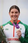 19 July 2019; Kate O'Connor of Ireland with her silver medal in the Womens during Day Two of the European Athletics U20 Championships in Borås, Sweden. Photo by Giancarlo Colombo/Sportsfile