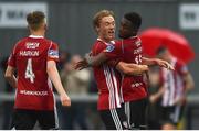 19 July 2019; Junior Ogedi-Uzokwe of Derry City, right, celebrates with team-mate Greg Sloggett after scoring his side's first goal during the SSE Airtricity League Premier Division match between Derry City and Sligo Rovers at Ryan McBride Brandywell Stadium in Derry. Photo by Oliver McVeigh/Sportsfile