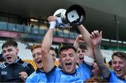 19 July 2019; Karl Bissett of Dublin celebrates with the cup after the EirGrid Leinster GAA Football U20 Championship Final match between Laois and Dublin at Bord na Móna O’Connor Park in Tullamore, Co Offaly. Photo by Piaras Ó Mídheach/Sportsfile