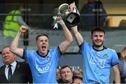 19 July 2019; Dublin joint captains Kieran Kennedy, left, and James Doran lift the cup after the EirGrid Leinster GAA Football U20 Championship Final match between Laois and Dublin at Bord na Móna O’Connor Park in Tullamore, Co Offaly. Photo by Piaras Ó Mídheach/Sportsfile