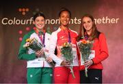 19 July 2019; Women's Heptathlon silver medalist Kate O'Connor of Ireland, left, with gold medalist Maria Vincente of Spain and bronze medalist Annik Kalin of Switzerland during Day Two of the European Athletics U20 Championships in Borås, Sweden. Photo by Giancarlo Colombo/Sportsfile