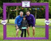 20 July 2019; David Gillick, centre, with James Butler and Josh, age 9, at the Fairview parkrun where Vhi hosted a special event to celebrate their partnership with parkrun Ireland. Vhi ambassador and Olympian David Gillick was on hand to lead the warm up for parkrun participants before completing the 5km free event. Parkrunners enjoyed refreshments post event at the Vhi Rehydrate, Relax, Refuel and Reward areas. parkrun in partnership with Vhi support local communities in organising free, weekly, timed 5k runs every Saturday at 9.30am. Photo by David Fitzgerald/Sportsfile