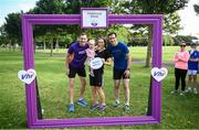 20 July 2019; David Gillick, left, with James and Lucia Enright and their daughter Florence, age 18 months at the Fairview parkrun where Vhi hosted a special event to celebrate their partnership with parkrun Ireland. Vhi ambassador and Olympian David Gillick was on hand to lead the warm up for parkrun participants before completing the 5km free event. Parkrunners enjoyed refreshments post event at the Vhi Rehydrate, Relax, Refuel and Reward areas. parkrun in partnership with Vhi support local communities in organising free, weekly, timed 5k runs every Saturday at 9.30am. Photo by David Fitzgerald/Sportsfile