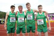 20 July 2019; Ireland athletes, from left, Ciaran Carthy, David Ryan, Jack Raftery and Adam Hughes after competing in the Men's 4x400m Relay qualifying rounds during Day Three of the European Athletics U20 Championships in Borås, Sweden. Photo by Giancarlo Colombo/Sportsfile